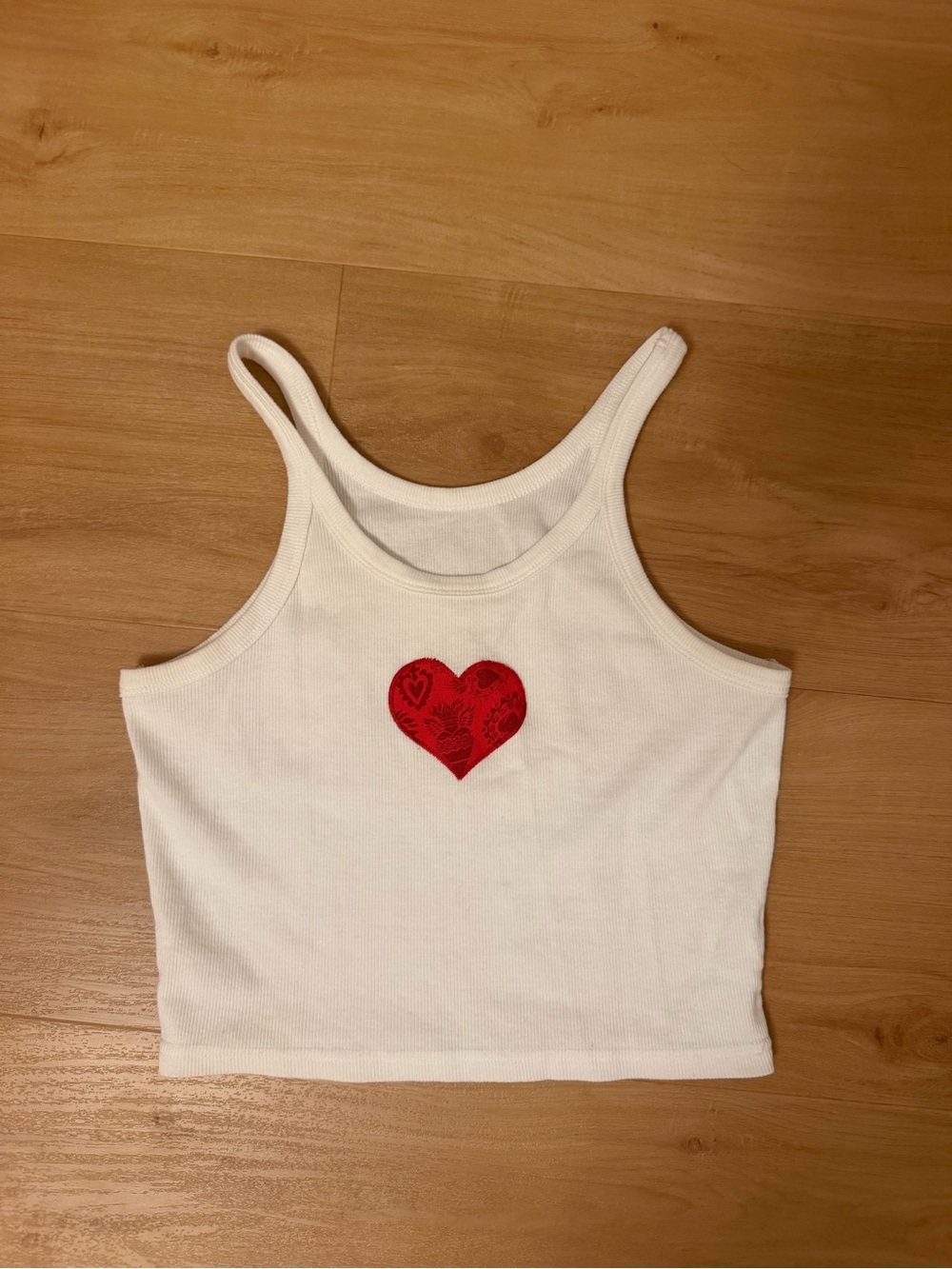 White Ribbed Tank Top with Red Heart Patch